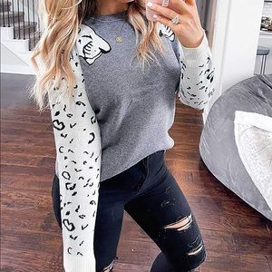 Leopard Sleeve Knitted Sweater